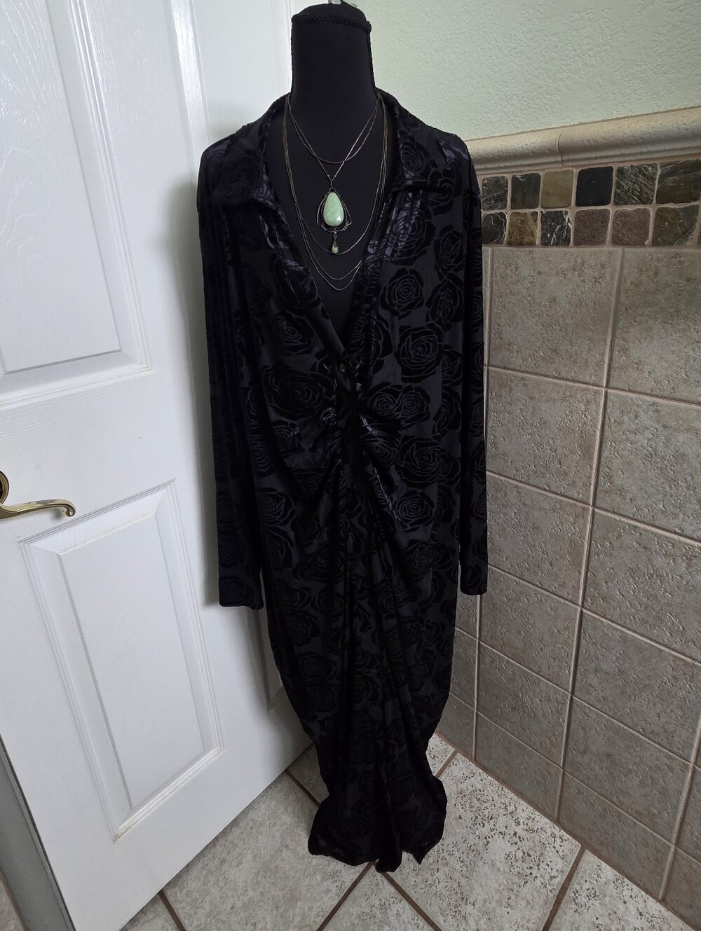 Black Velvet Burnout Rose Print Long Button Ruched Maxi Dress Whimsigoth 26/28